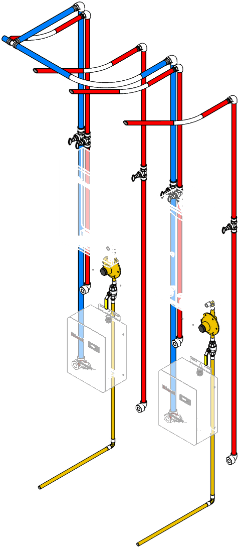 Prumadas de água fria e quente com medição individualizada, modeladas em BIM